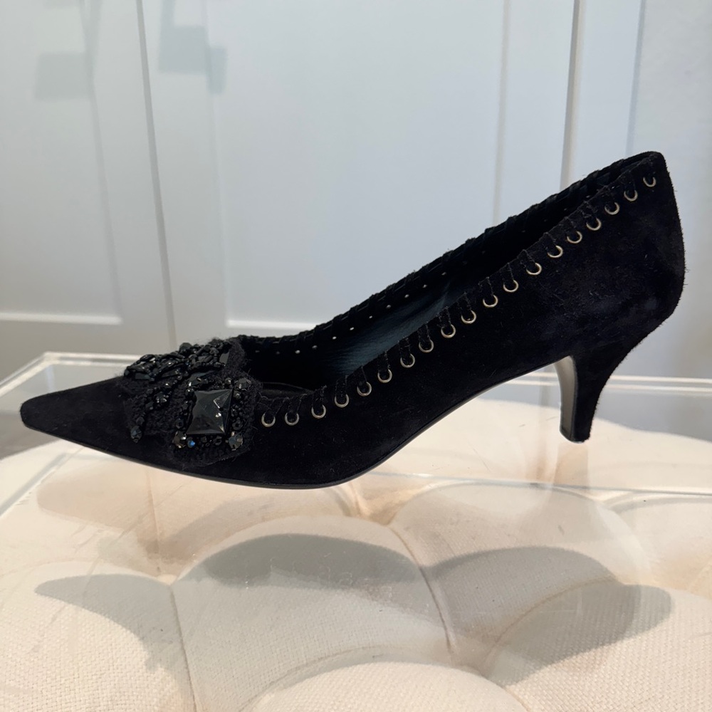 Prada Black Suede Beaded Embellished Pointed-Toe Heels (38.5) - Picture 2 of 13